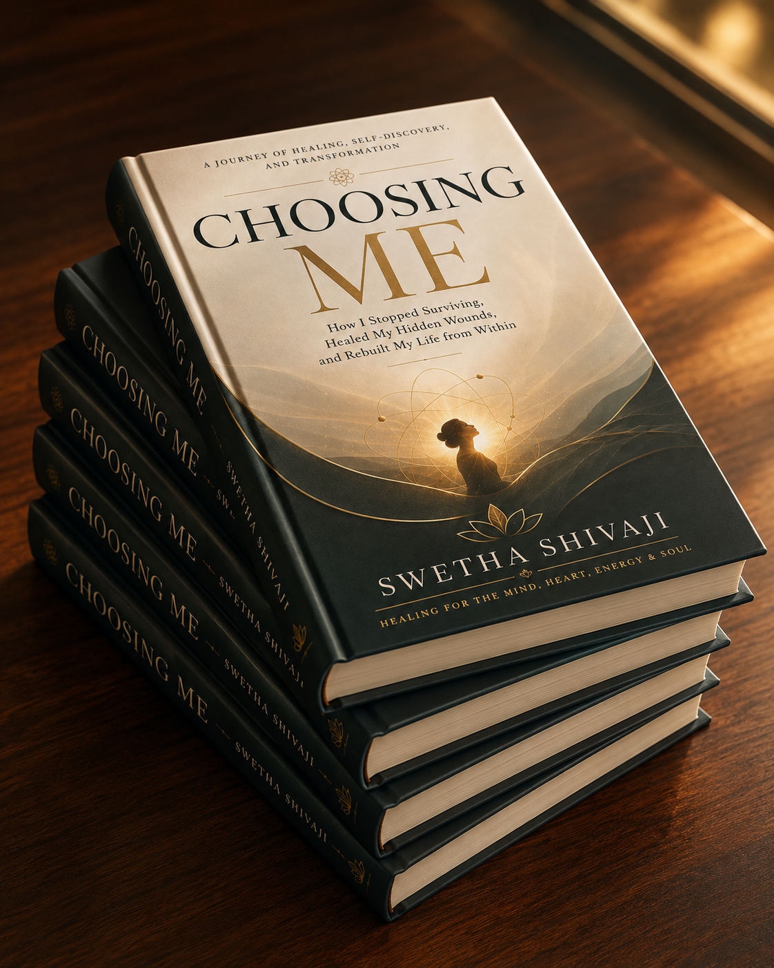 Stacked hardcover copies of Choosing Me by Swetha Shivaji